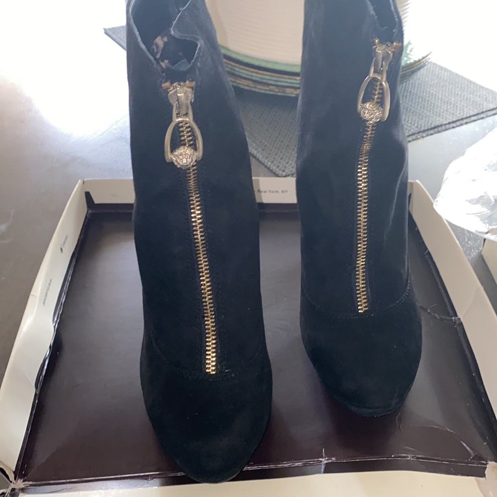 Anne Klein Suede, zip front ankle boots